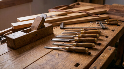 carpenter's table with various hand tools stands by the window, the concept of wood processing and the production of craft products from wood