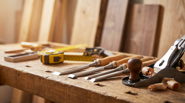 Carpentry workshop, hand tools laid out on the table, the idea of traditional woodworking and the production of handcrafted furniture from solid wood