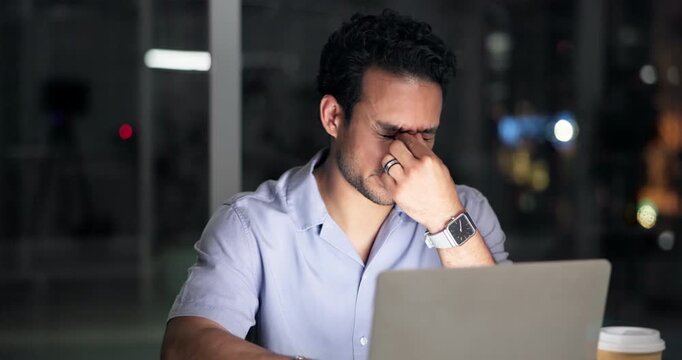 Night, tired man or laptop in office with headache from eye strain, marketing workload or fatigue. Late, exhausted person or migraine with computer, advertising project or campaign deadline pressure.