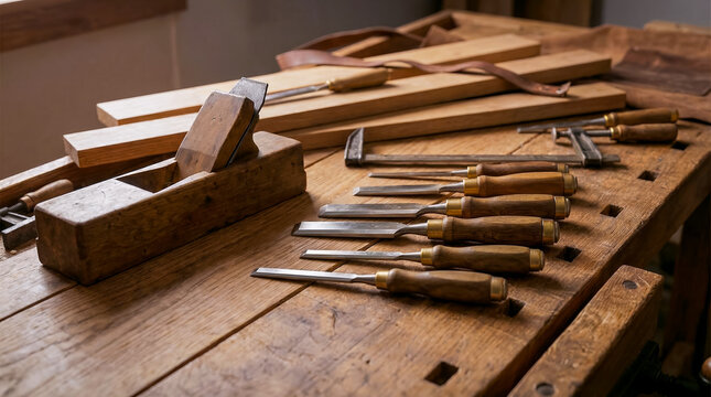carpenter's table with various hand tools stands by the window, the concept of wood processing and the production of craft products from wood