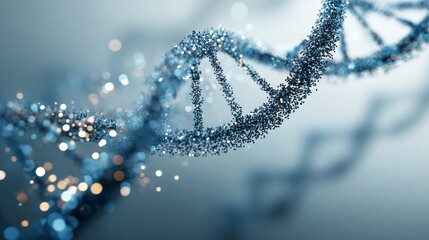 Three dimensional representation of a spiraling molecular structure composed of glittering particles