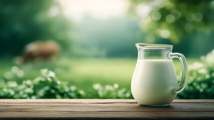 Fresh milk in a clear glass jug sits on a rustic wooden table with a blurred green meadow and a grazing cow in the background