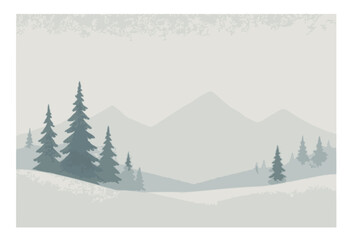 Vector illustration of a winter landscape, beauty of a snowy winter scene with a minimalist style with snow-covered mountains and evergreen trees
