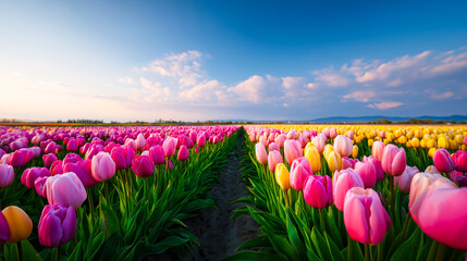 Vibrant rows of pink yellow and purple tulips stretch toward the horizon under a bright blue sky