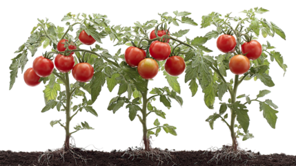 Three tomato plants side by side with red fruit isolated on transparent background