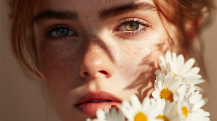 Closeup portrait of a freckled young woman with vivid eyes and soft natural light casting floral shadows as white daisies frame her face