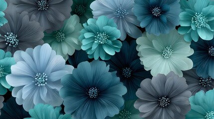Seamless pattern of beautifully rendered  ic floral blooms featuring a sophisticated palette of blues teals grays and aqua tones perfect for backgrounds and decorative designs