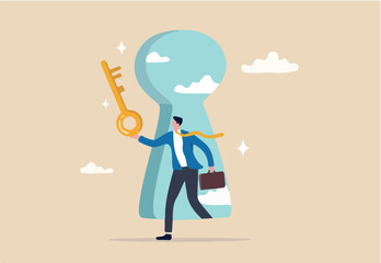 Success secret key discovery, job offer or career opportunity, unlock key to solve problem, leadership key success concept, businessman open door from keyhole to offer secret golden unlock key.
