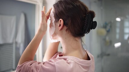 Young woman applying facial mask in bathroom mirror, showcasing skincare routine and self-care practices, with soft lighting and serene atmosphere enhancing beauty treatment experience - Powered by Adobe