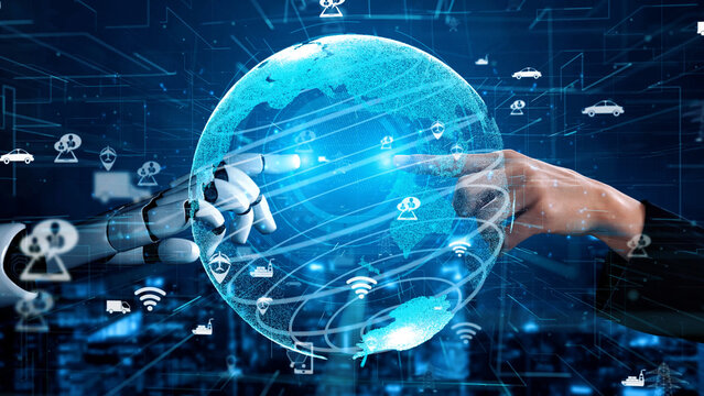 Explore the intersection of humanity and technology with a vivid depiction of a human hand and robotic arm poised to connect in a digital world full of promise. Xenic