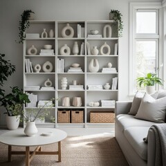 Scandinavian Living Room with Oak Bookshelf and Neutral Decor