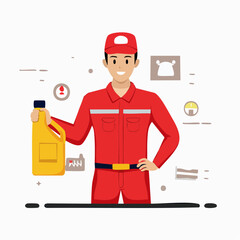 Smiling mechanic in red uniform holding oil bottle in auto repair shop, representing service and maintenance with a positive and professional attitude.
