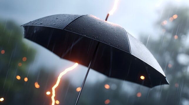 Intense thunderstorm featuring a dark umbrella battered by heavy rain and illuminated by vibrant lightning flashes conveying nature s power and a sense of awe