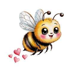 Obraz premium A cheerful cartoon bee is flying, leaving a trail of hearts behind. T