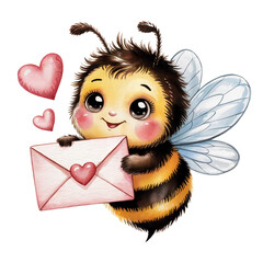 A charming cartoon bee holds an envelope with hearts, symbolizing affection.