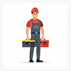 Smiling construction worker holding two toolboxes stands confidently on a white background, ready for a new project with a positive and optimistic outlook.