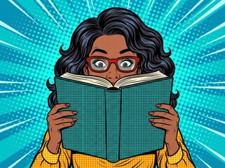 Pop art comic-style illustration of an african american woman with red glasses and yellow sweater, holding and reading a book with a surprised expression, vibrant blue background.