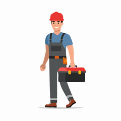 Smiling handyman in overalls carrying toolbox walks confidently towards camera on white backdrop, embodying professionalism and reliability.