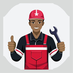 Smiling mechanic in red overalls giving thumbs up while holding wrench, showcasing skilled trades and positive attitude in the workplace.
