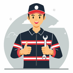 Smiling mechanic in uniform holding wrench and giving thumbs up in auto repair shop, showcasing expertise and positive attitude.