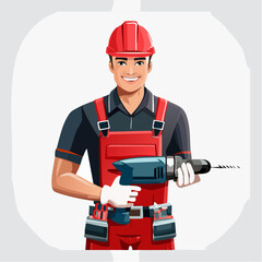 Smiling construction worker holds power drill on job site, ready to start building with determination and a positive attitude.