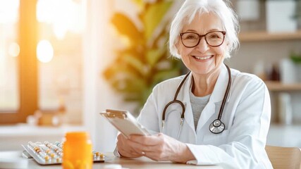 Senior doctor smiling with tablet in sunlit office, surrounded by medicine and natural light - Powered by Adobe