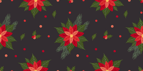 Obraz premium Christmas seamless pattern with Poinsettia flowers, holly plant, red berries and fir branches on black background. Elegant vintage Xmas floral print for fabric, wrapping paper, wallpaper, textile.