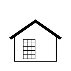 Black vector house with a sharply pitched roof, a grid window with thin black lines forming a precise lattice pattern, and a single upper square window with a simple frame, all drawn with rigid simpli