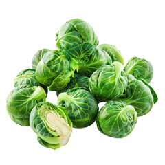 Fototapeta premium Fresh green Brussels sprouts stacked together ready for cooking or meals in a bright kitchen setting on transparent background