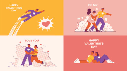 Four valentine s day themed illustrations featuring couples in romantic poses and a superhero flying with a heart symbol conveying love and celebration