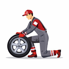 Mechanic in uniform kneeling and inspecting tire in auto repair shop, ensuring safety and quality with focused attention to detail.