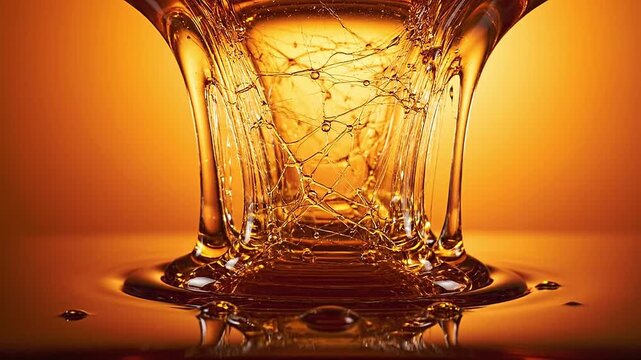 Viscous syrup stretches across a sticky liquid gradient background syrup