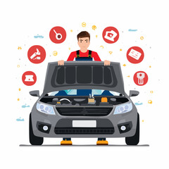 Mechanic standing in front of car with open hood performing maintenance in auto repair shop with tools displayed around him, representing automotive service.