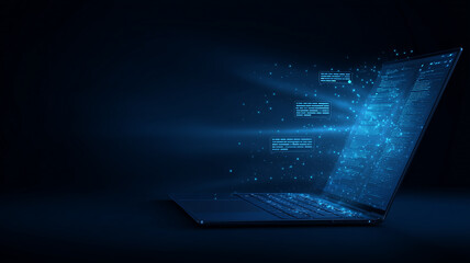 Intelligent data communication illustrated with glowing message streams emerging from a laptop representing information flow, connectivity and advanced digital processing.
