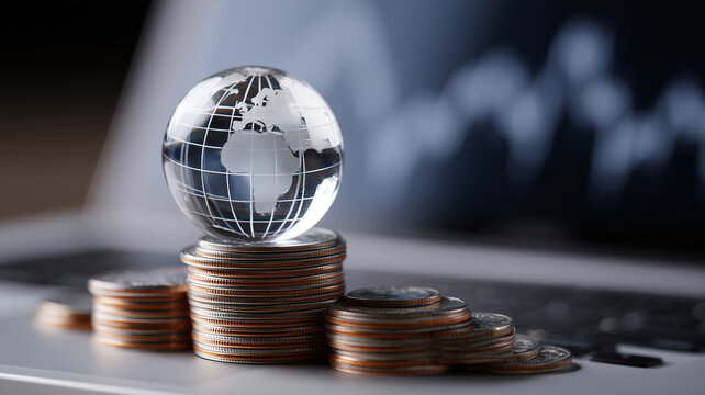 Worldwide economic perspective illustrated with a crystal globe positioned on coin stacks representing global wealth distribution and international financial activity.