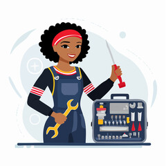 Smiling female mechanic holding wrench and screwdriver stands confidently next to toolbox in a bright workshop, ready for repairs, radiating competence and professionalism.