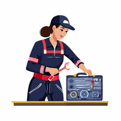 Smiling female mechanic opens toolbox in workshop, ready to fix machinery with determination and expertise, showcasing skilled labor and empowerment.