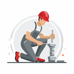 Construction worker tightening bolts on pipeline in industrial setting with wrench, showcasing precision and focus in demanding environment.