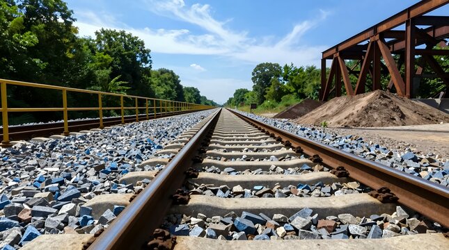 Perspective view of railway tracks extending into lush green landscape under clear blue sky