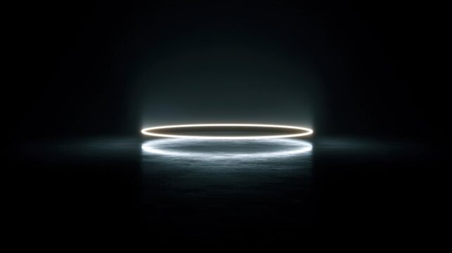A minimalist abstract visual element featuring a glowing circular ring emitting warm light against a dark background wit