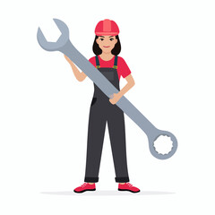 Female mechanic holding a giant wrench in a workshop, showcasing her strength and expertise with a confident and determined expression.