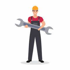 Smiling construction worker holding large wrench in industrial setting, showcasing strength and expertise in a confident and professional manner.