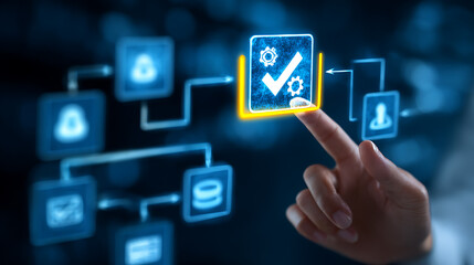 Hand touching glowing checkmark icon in digital flowchart finger