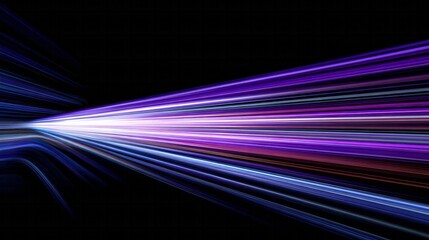Vibrant purple and blue light streaks extend dynamically from a central bright source against a dark background