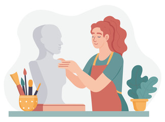 Female artist works on the bust sculpture. Woman sculptor carefully shapes the sculpture, surrounded by tools and calm creative atmosphere. Sculptor at work vector illustration in flat style.