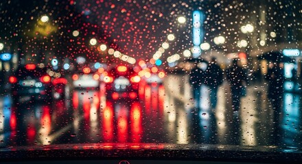 A rainy night scene in the city viewed through a car windshield with blurred lights and pedestrians.