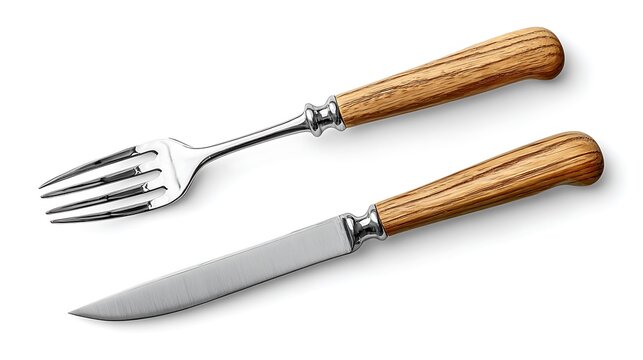 Carving knife and fork set with wooden handles isolated on white background