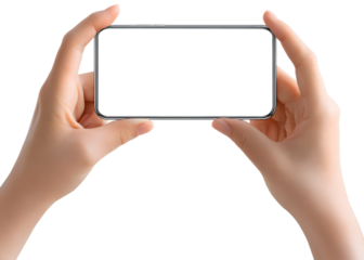 Hand holding smartphone with blank white screen isolated on transparent background.