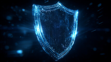 A digital shield forming from data particles symbolizing cybersecurity protection and the conceptual defense of information within modern technological systems.
