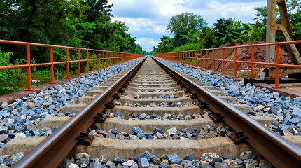 Naklejka premium Perspective view of railway tracks leading through lush greenery with a bright sky above